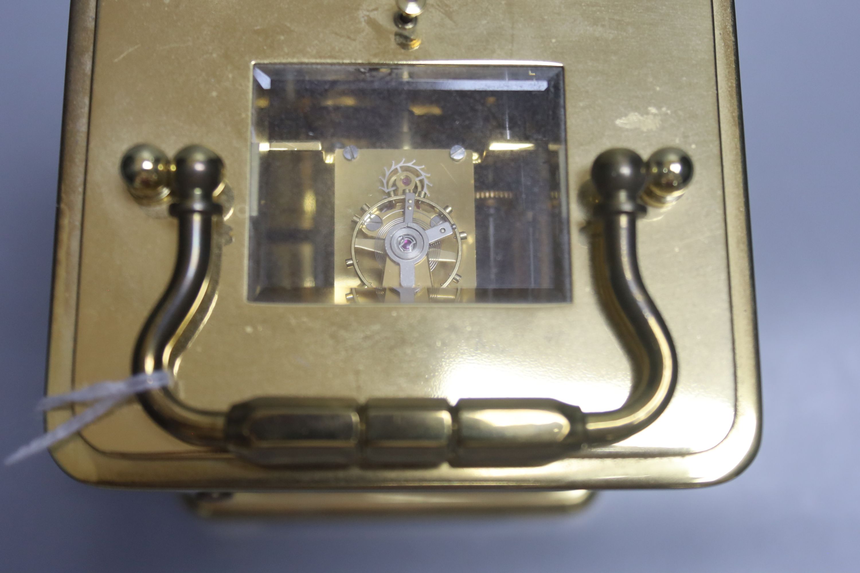 A brass cased hour repeating carriage clock, height 14.5cm